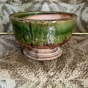 Antique Vintage Glazed Green Footed Earthenware Stoneware Pottery Bowl